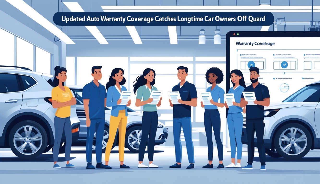 A group of diverse car owners looking surprised while reviewing warranty information near their vehicles at a service center, with mechanics working on cars in the background.
