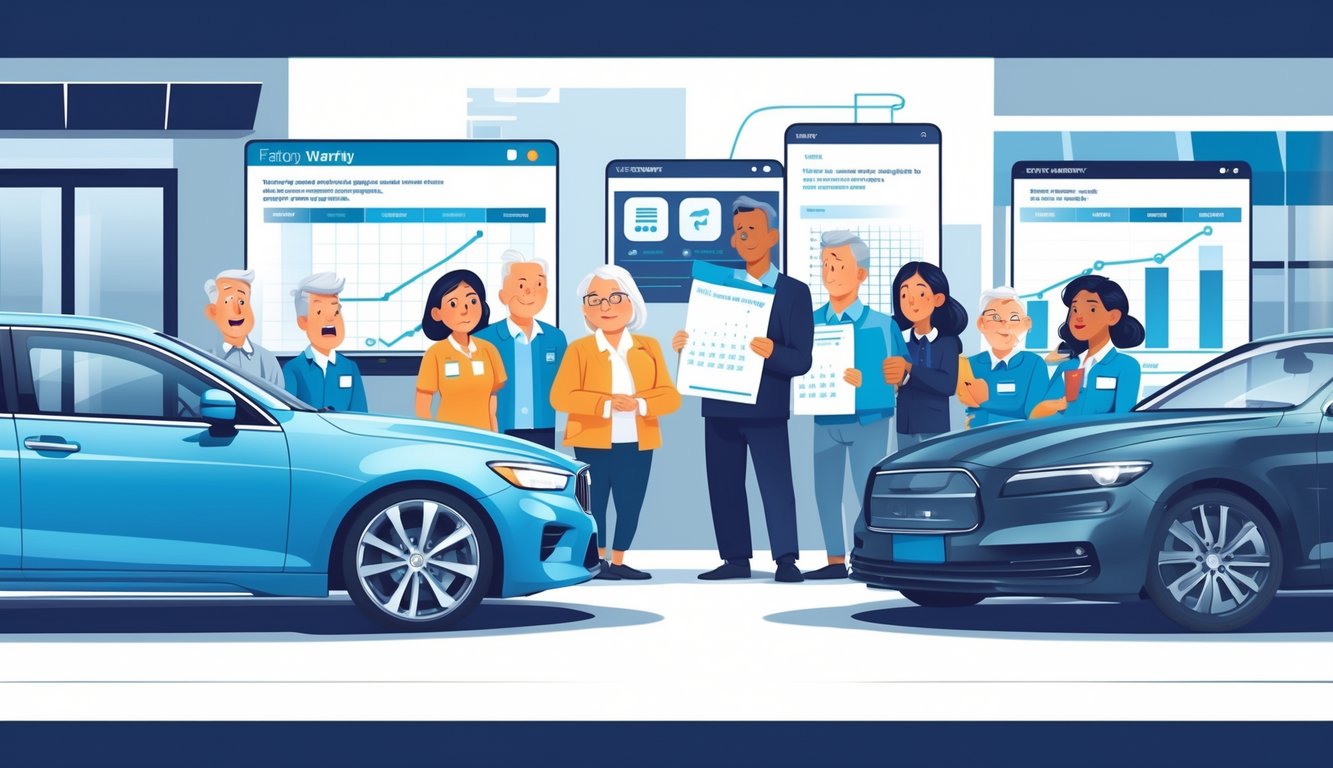 Two cars side by side with symbols representing factory and extended warranties, surrounded by concerned longtime car owners reviewing documents and digital screens about warranty changes.