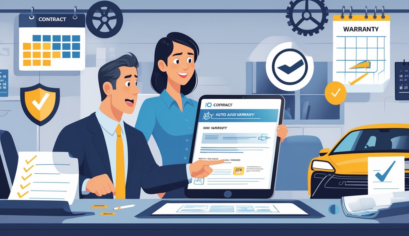 A car owner talks with a service advisor in a dealership office, looking concerned as they review warranty documents on a tablet, with symbols representing auto warranty changes around them.