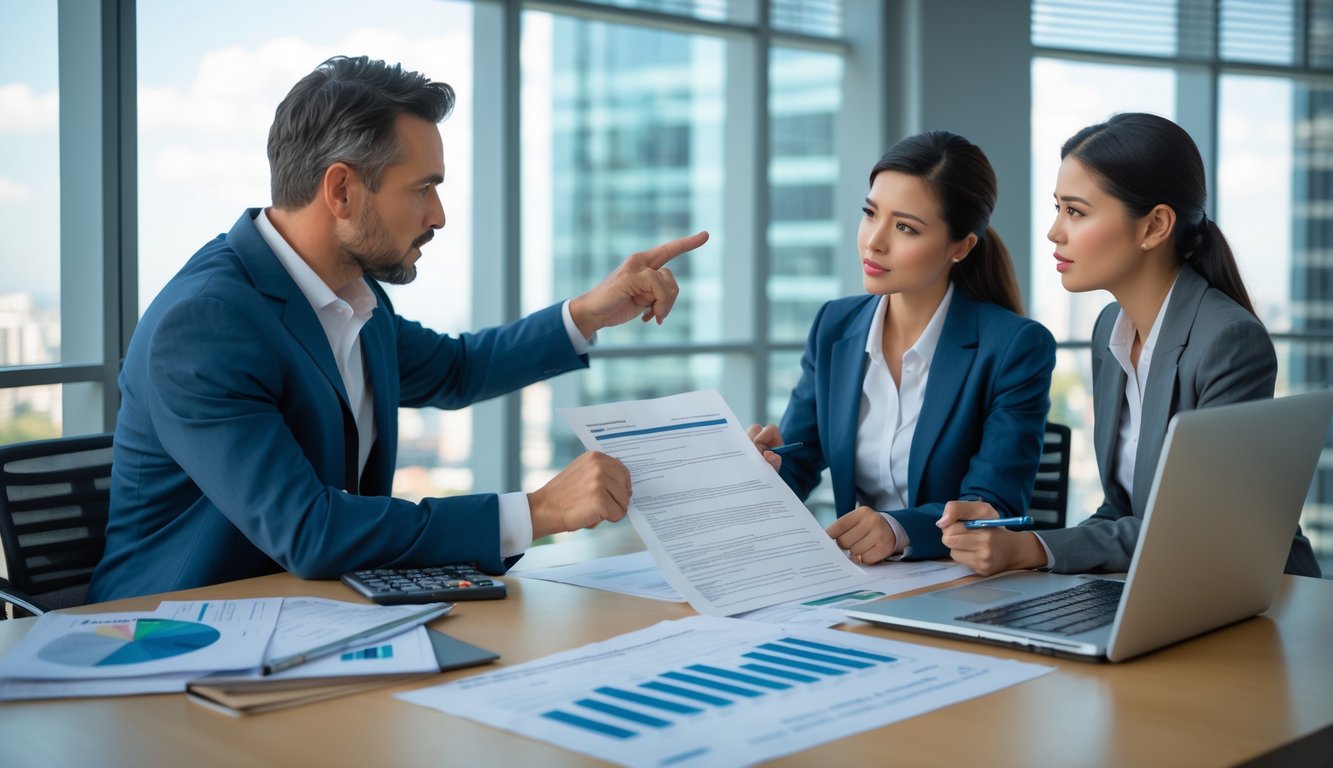 Two business professionals reviewing loan documents together in a modern office with financial papers and a laptop on the desk.