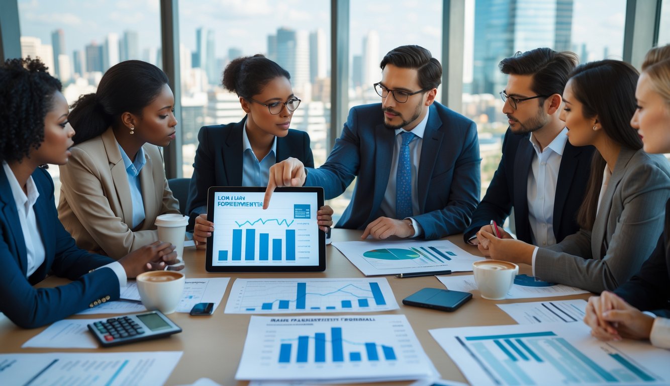 A group of business professionals discussing financial documents and charts around a conference table in an office with a city view.