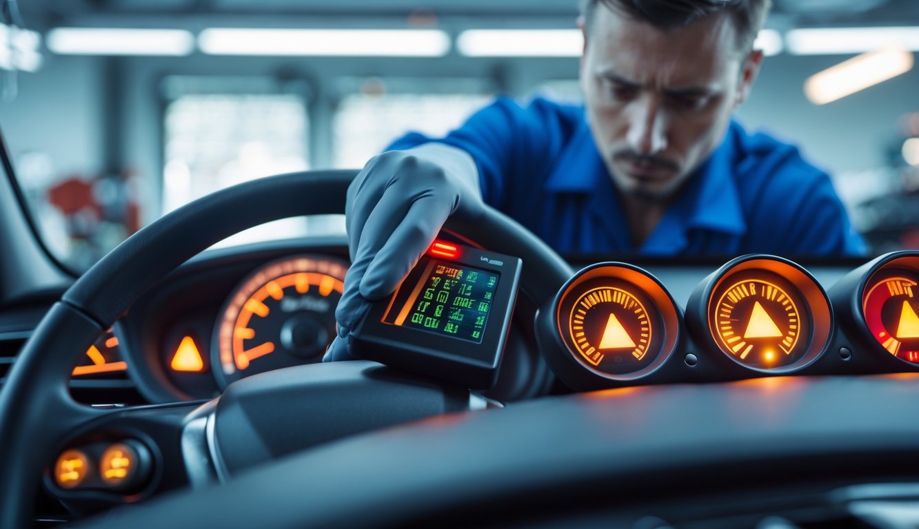 A mechanic uses a diagnostic tool to check a car dashboard showing illuminated engine warning lights.