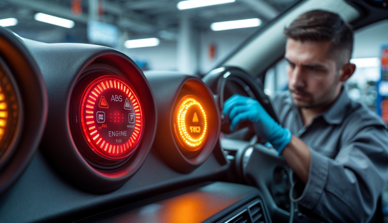Mechanic inspecting a car dashboard with brake, ABS, and engine warning lights illuminated.