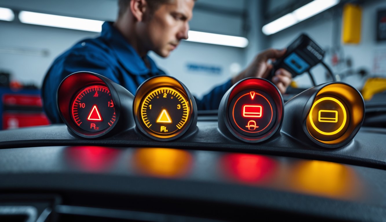 Close-up of a car dashboard showing battery and engine warning lights illuminated, with a mechanic using a diagnostic tool in a repair shop.