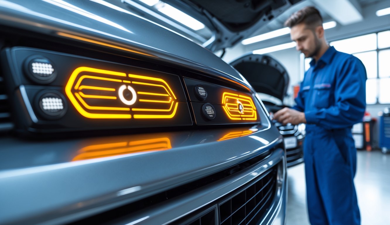 Close-up of a car dashboard showing transmission and power steering warning lights illuminated, with a mechanic inspecting a car engine in the background.