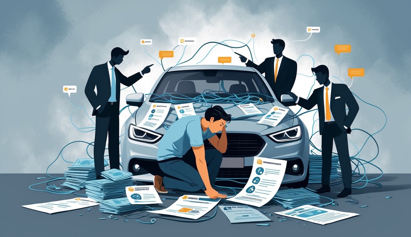 A worried driver surrounded by tangled insurance documents and shadowy figures pointing at them, with a damaged car in the background.