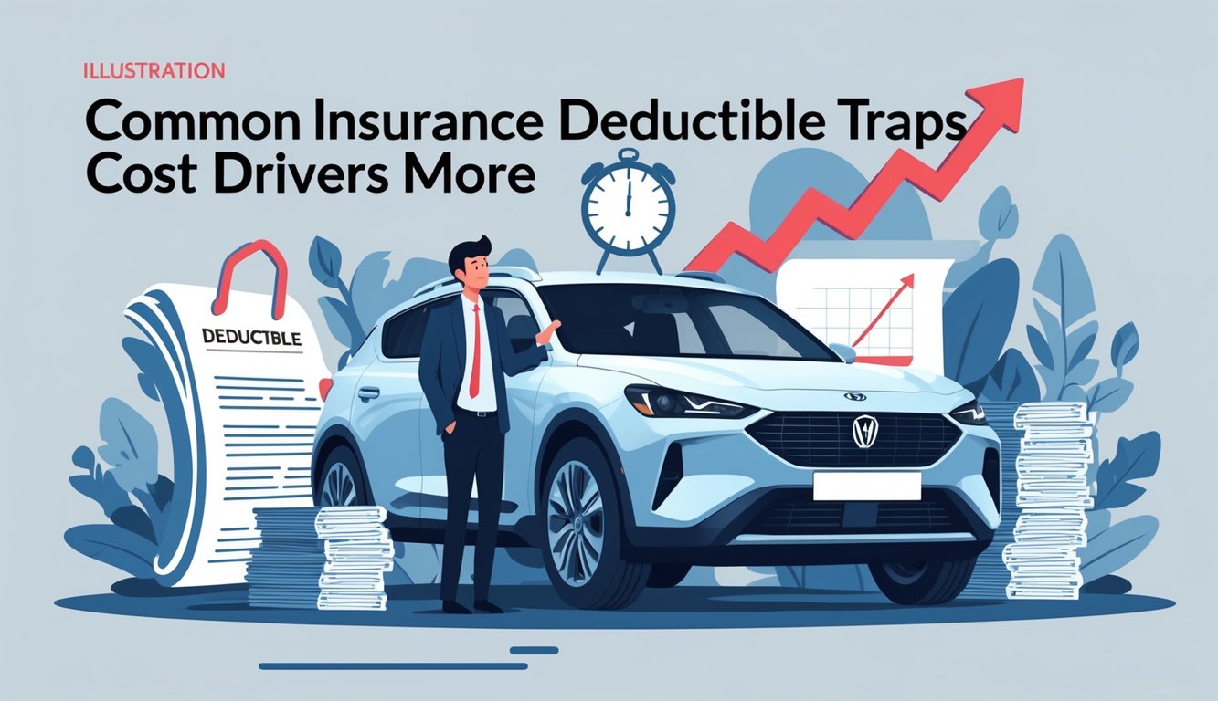A driver stands next to a damaged car surrounded by symbols of insurance traps including a contract, a bear trap, a clock, and rising bills, with an advisor pointing to a cost chart in the background.
