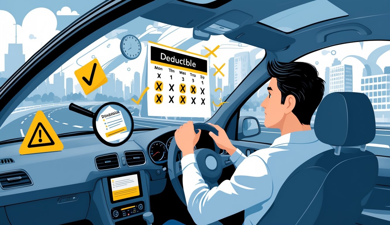 A driver inside a car looking at a dashboard showing driving records and insurance-related icons, surrounded by symbols representing insurance deductibles and caution signs.
