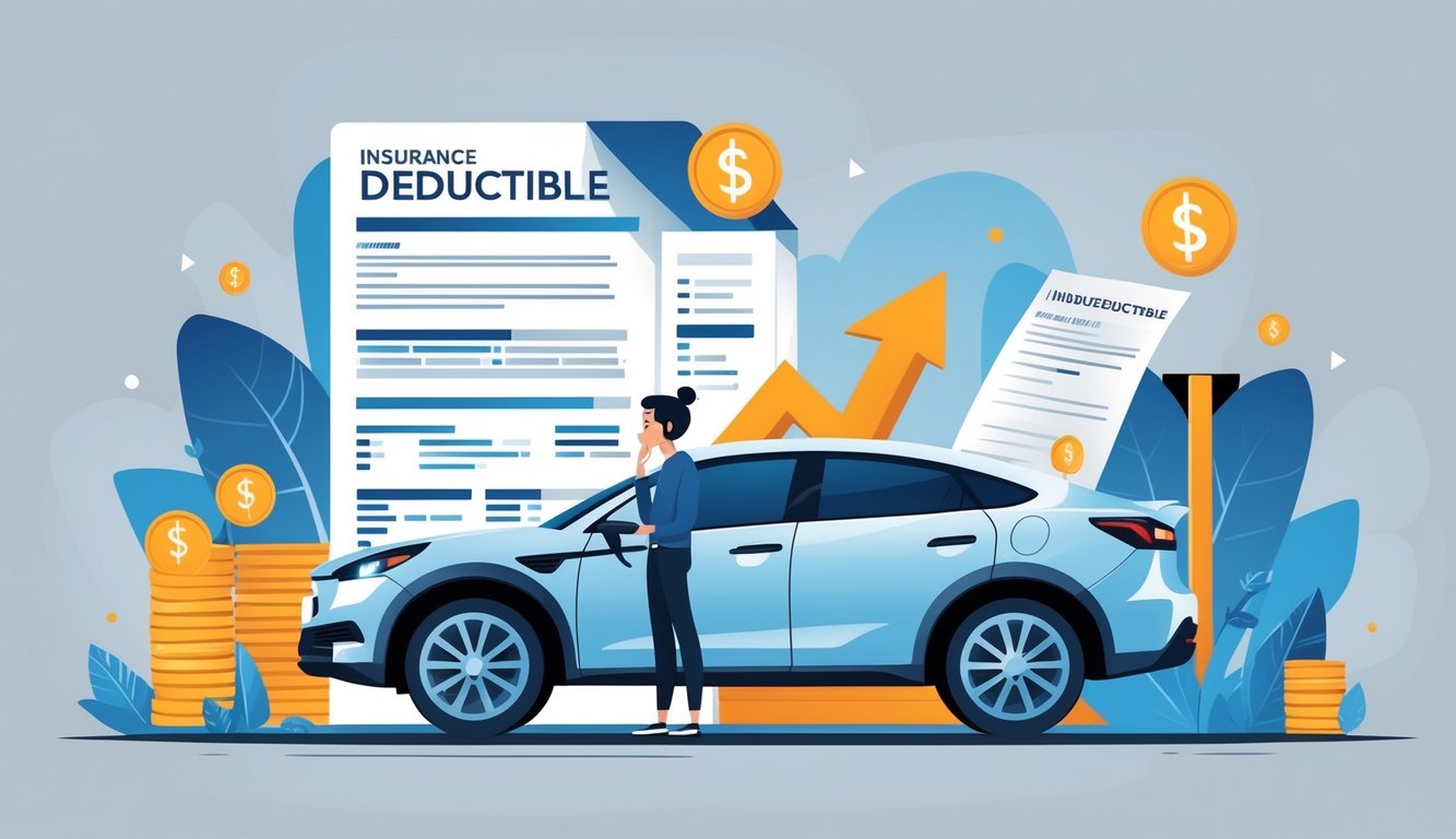 A driver stands next to a car holding an insurance document, surrounded by symbols of rising costs and caution signs representing risks of raising insurance deductibles.