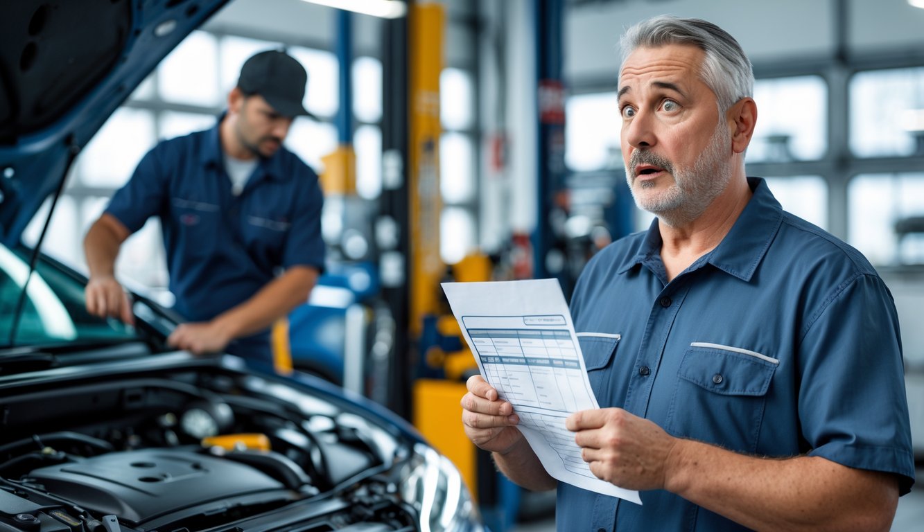 A worried car owner holding a repair bill while a mechanic works on a car engine in an auto repair shop.