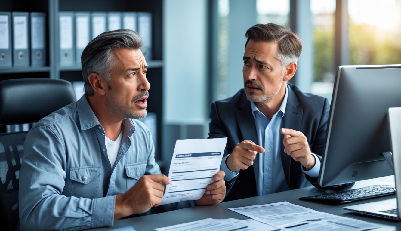 A frustrated car owner discusses a repair bill with a warranty claims representative at an office desk.