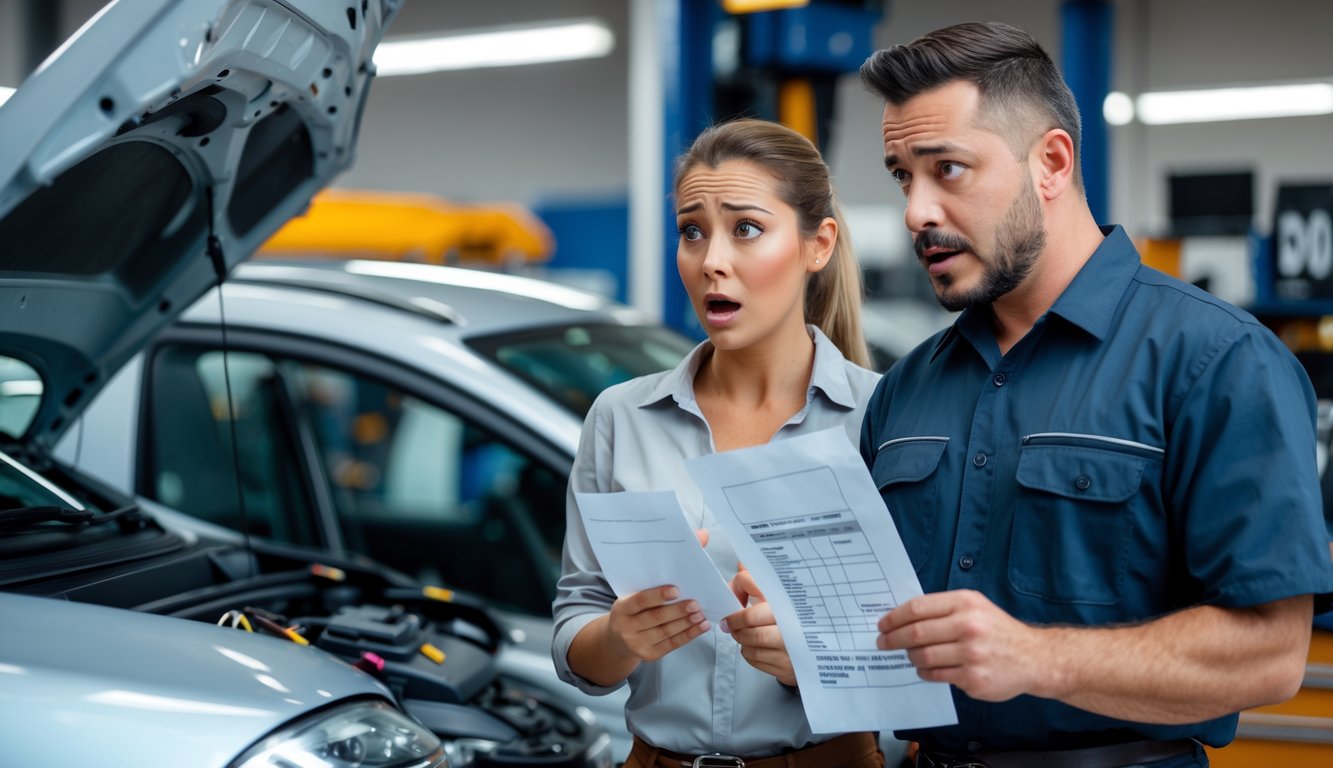 A car owner looking surprised while discussing a repair bill with a mechanic in a repair shop.
