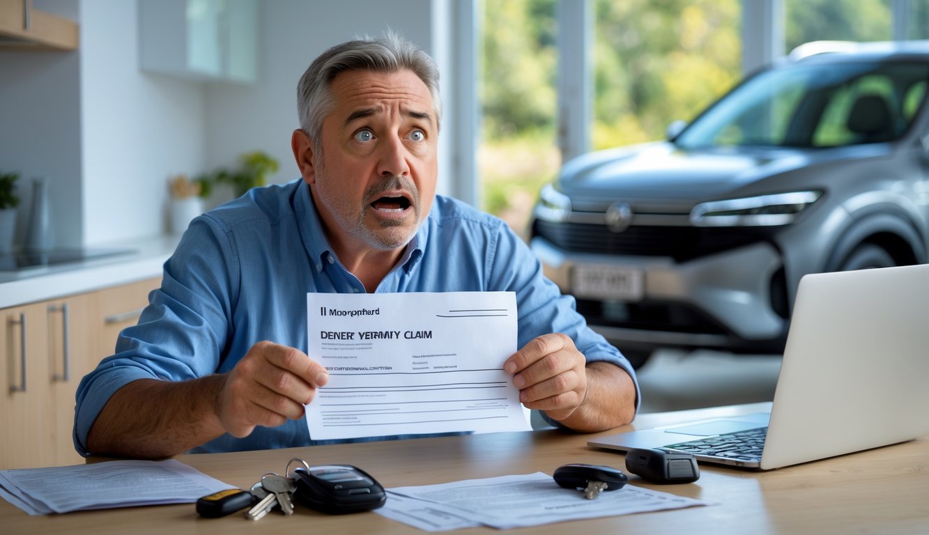 A worried person sitting at a kitchen table holding a repair bill and a denied warranty letter, with a car visible outside the window.