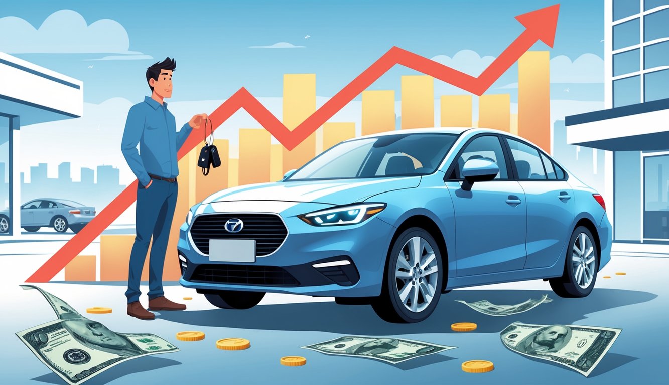 A worried person standing next to a car with a downward graph and fading money around, showing loss in car resale value.