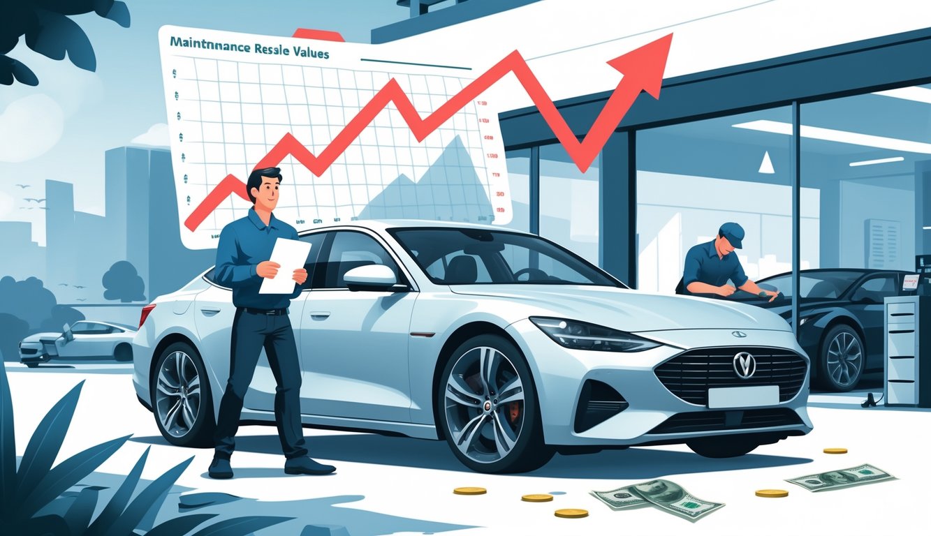 A worried car owner stands beside a car holding maintenance records, with a mechanic working on the vehicle and a floating graph showing declining resale values in the background.