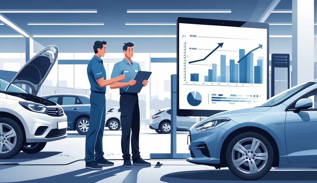 A car seller talks with a mechanic inspecting a car, with charts showing car resale value trends in the background at a dealership.