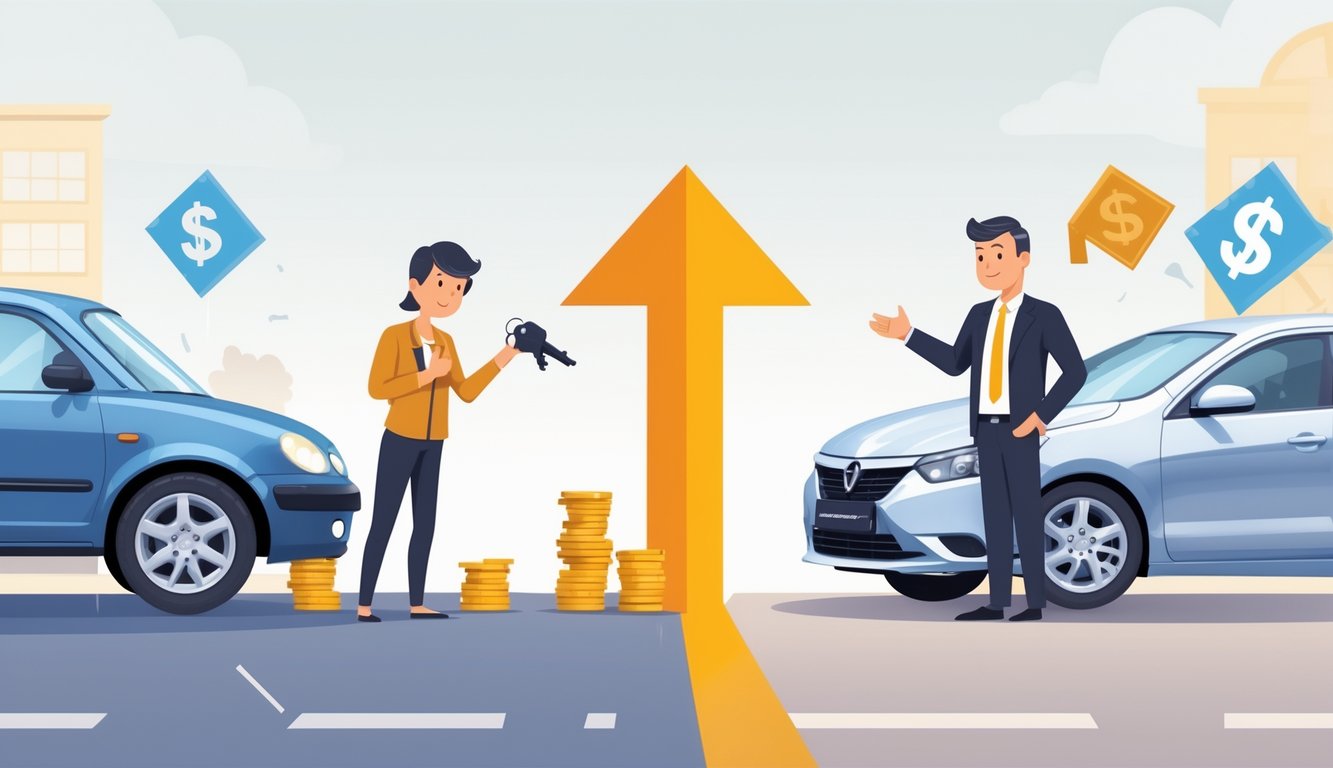 A worried private car seller and a confident dealership representative stand beside their cars with price tags, separated by a large downward arrow symbolizing falling car resale values.