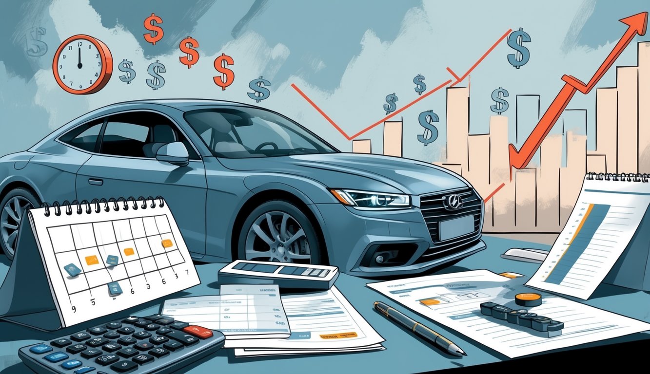 A person sitting at a desk with a calculator and loan papers, a car nearby, and a chart showing rising costs, illustrating how deferring car payments can increase final loan expenses.