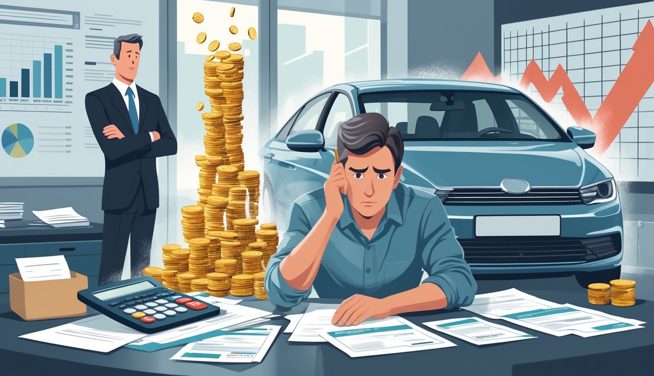 A worried person sitting at a desk with loan papers and a calculator, a car image transforming into rising stacks of money, and a lender figure watching in an office setting.