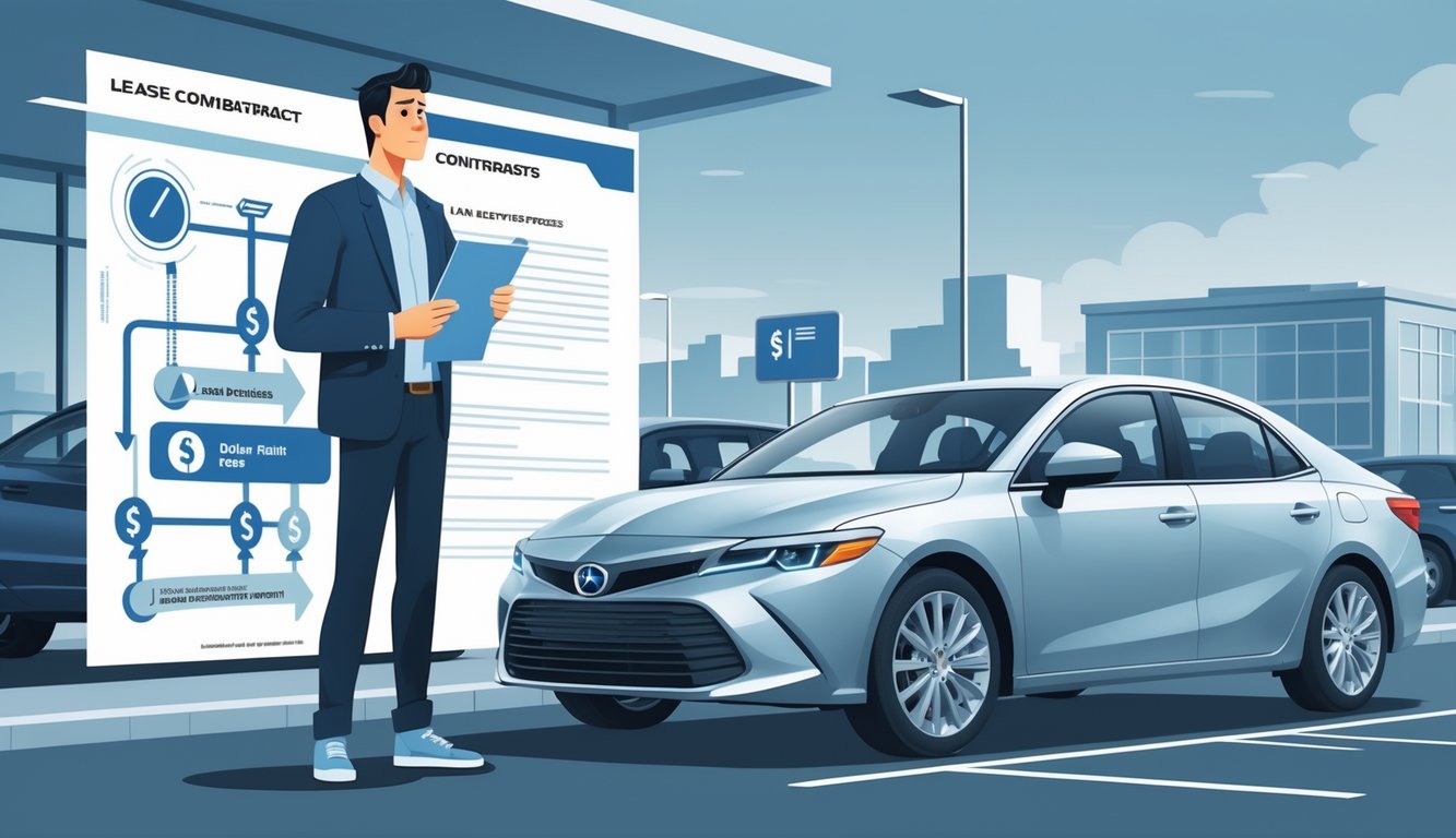 A worried car owner stands beside a sedan holding a lease contract and a bill, with a cityscape and dealership in the background, illustrating unexpected loan penalties from car lease transfers.