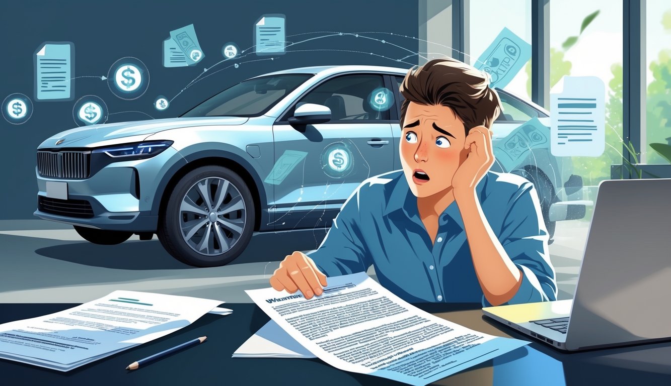 A person reviewing a car lease agreement with a worried expression, a modern car in the background surrounded by financial symbols representing penalties and loan documents.