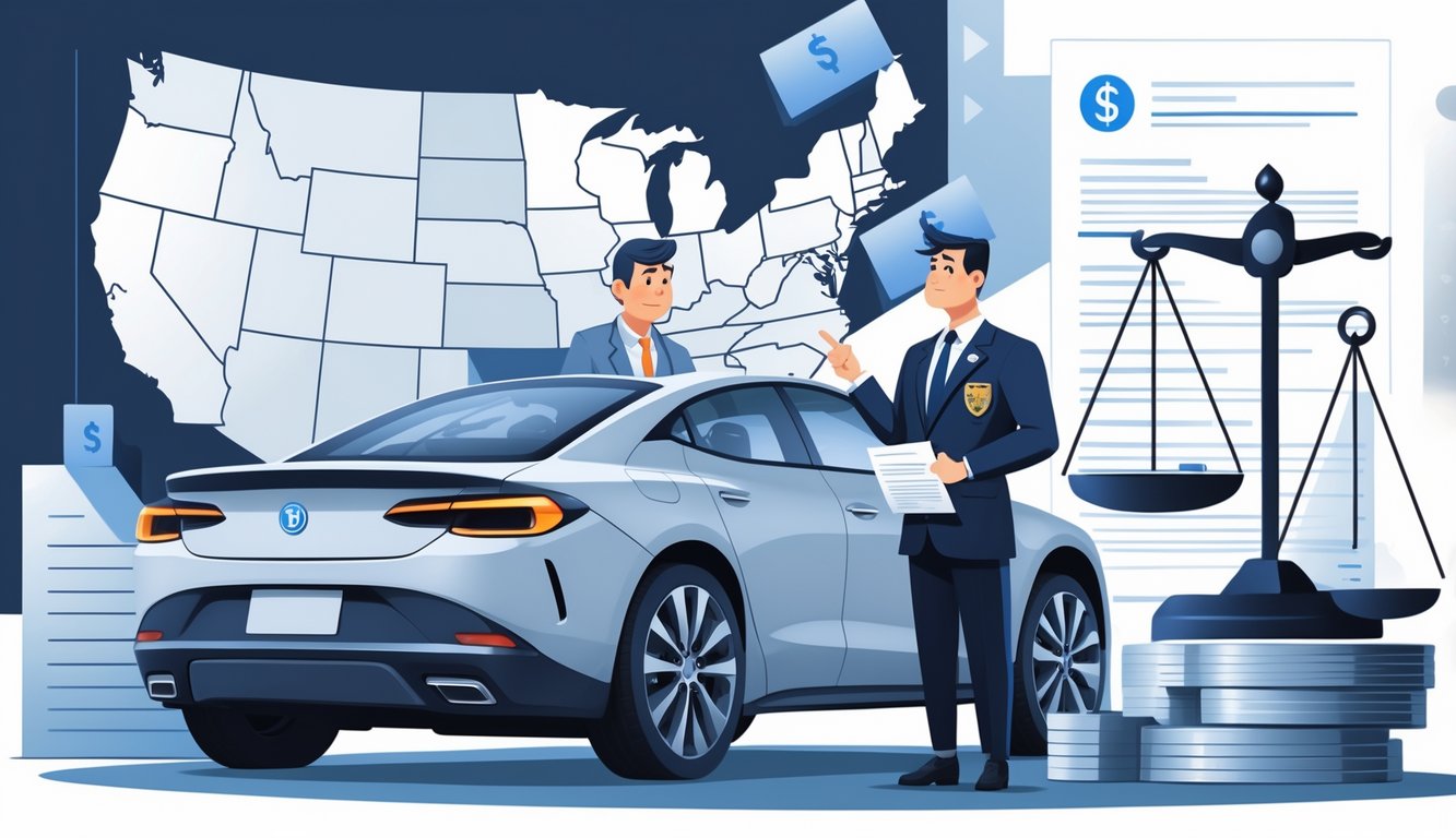 A worried car owner stands beside a car holding documents while a government official points to papers, with a map of the United States and legal symbols in the background.