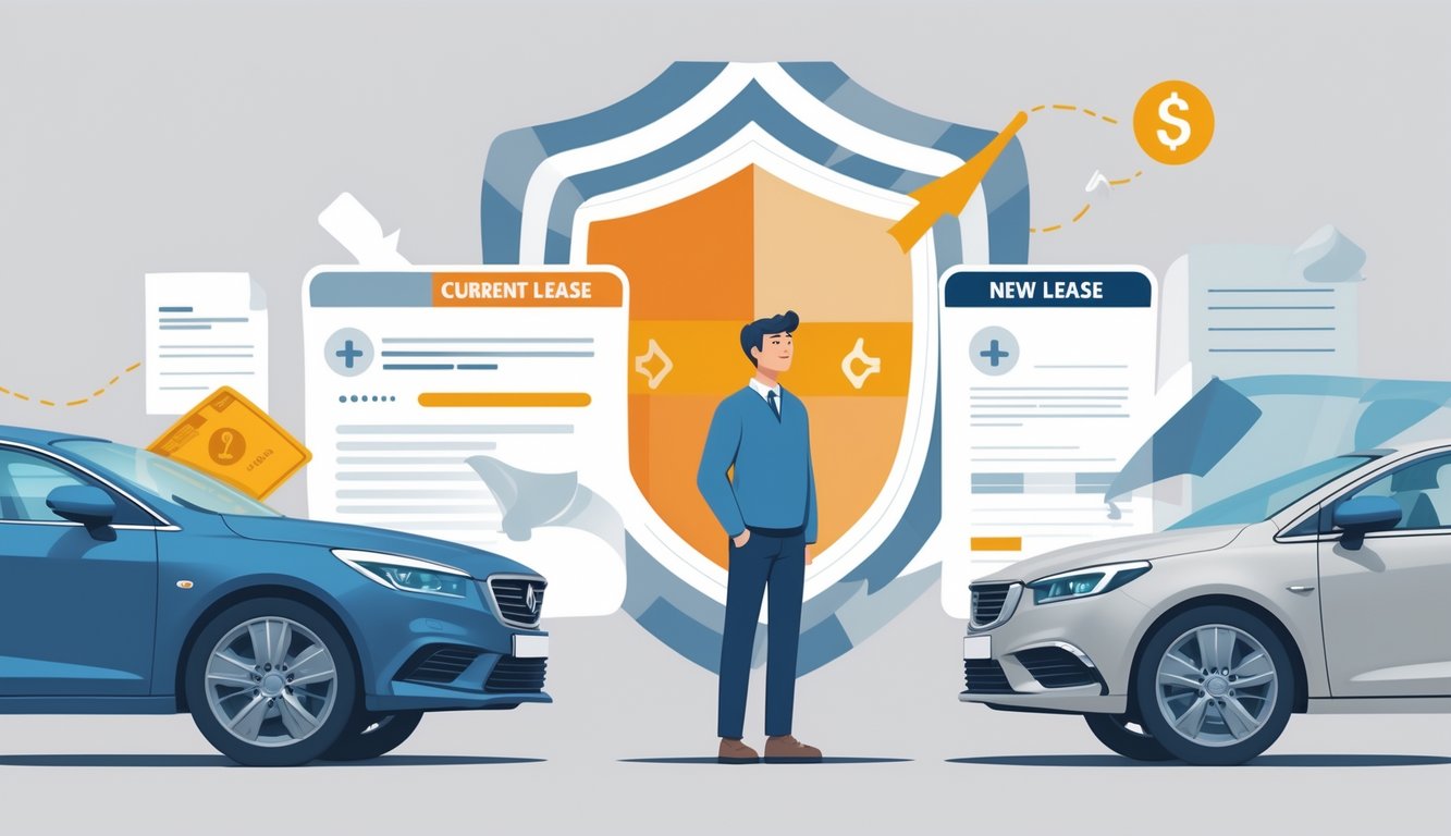 A person standing between two cars with documents and arrows showing a lease transfer, protected by a shield symbolizing prevention of loan penalties.