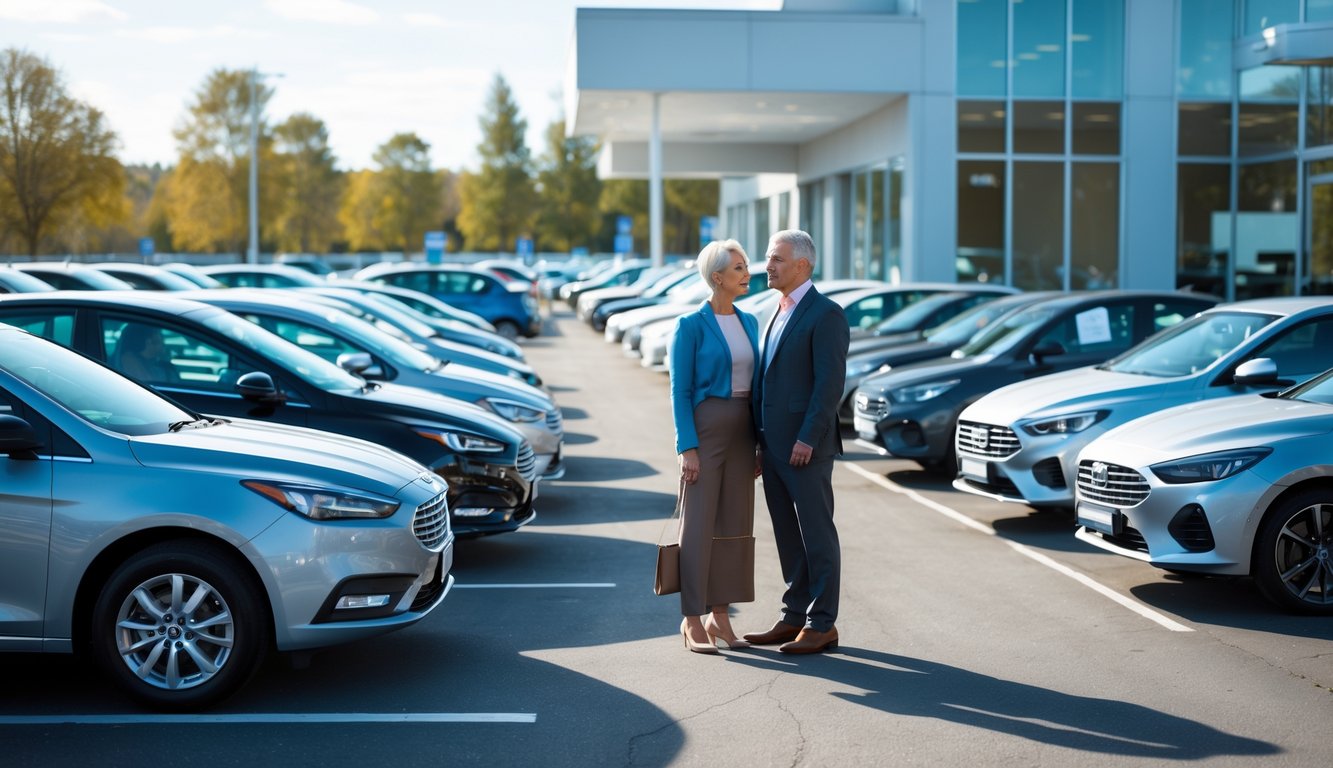 A couple stands thoughtfully near a used car in a dealership lot with several cars parked in rows on a clear day.
