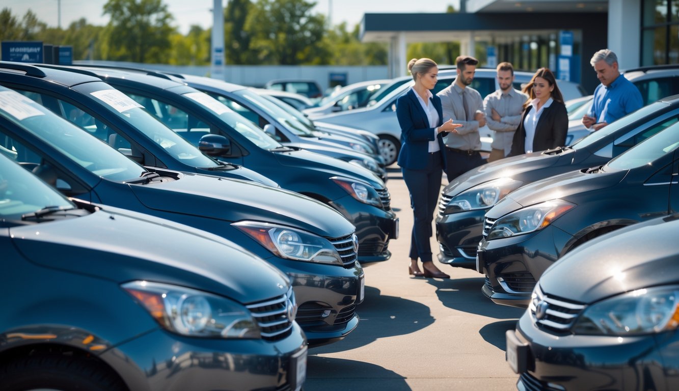 People examining used cars at a dealership lot with a salesperson, showing buyers thoughtfully considering their options.