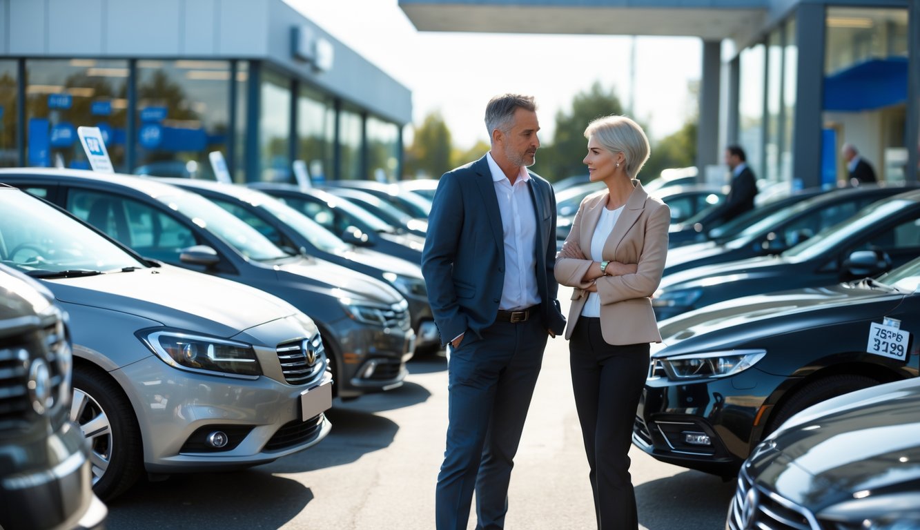 A couple thoughtfully examining a used car at a dealership lot with several cars and salespeople in the background.