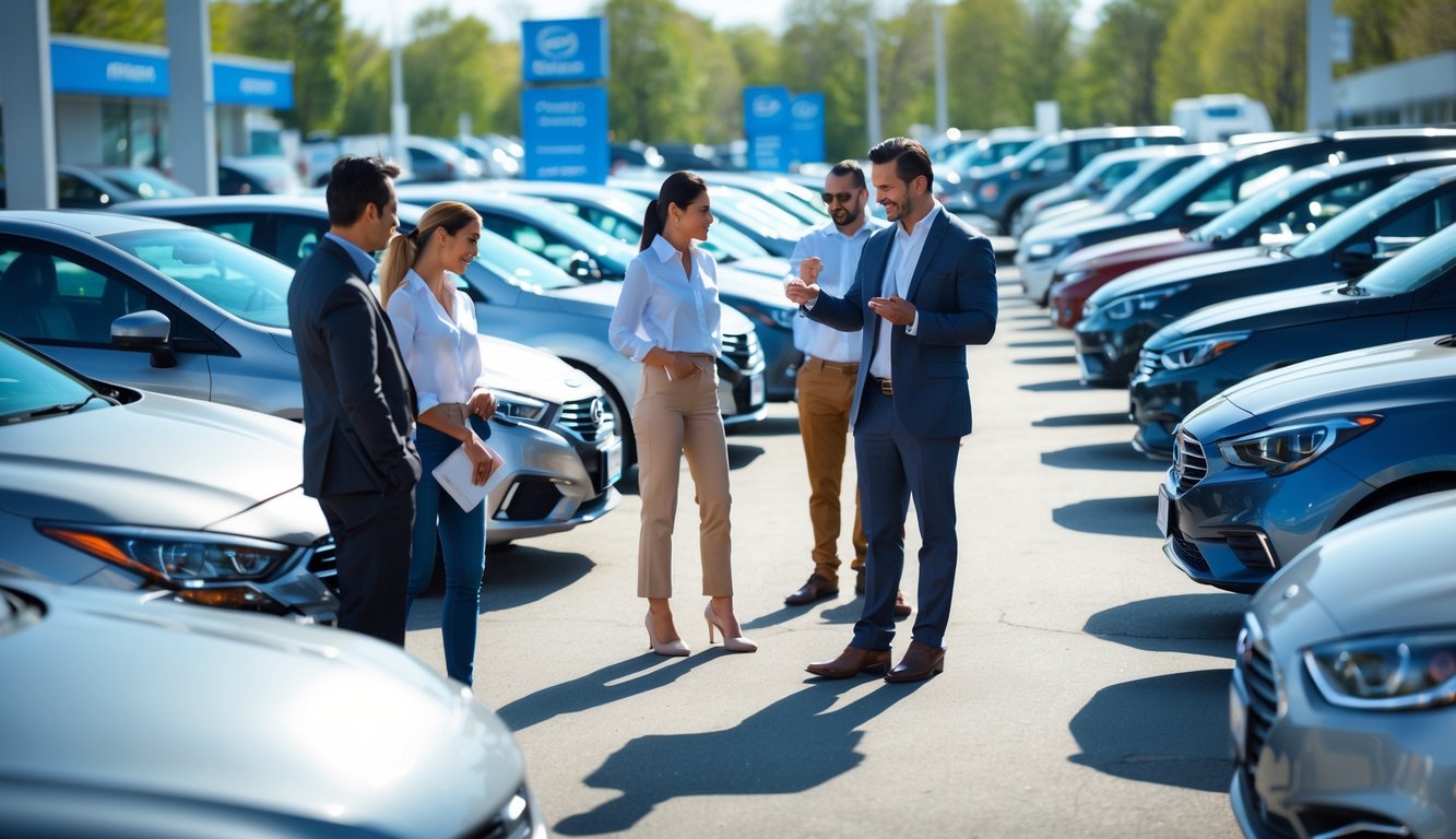 People examining used cars at a dealership lot with a car salesman assisting them on a sunny day.