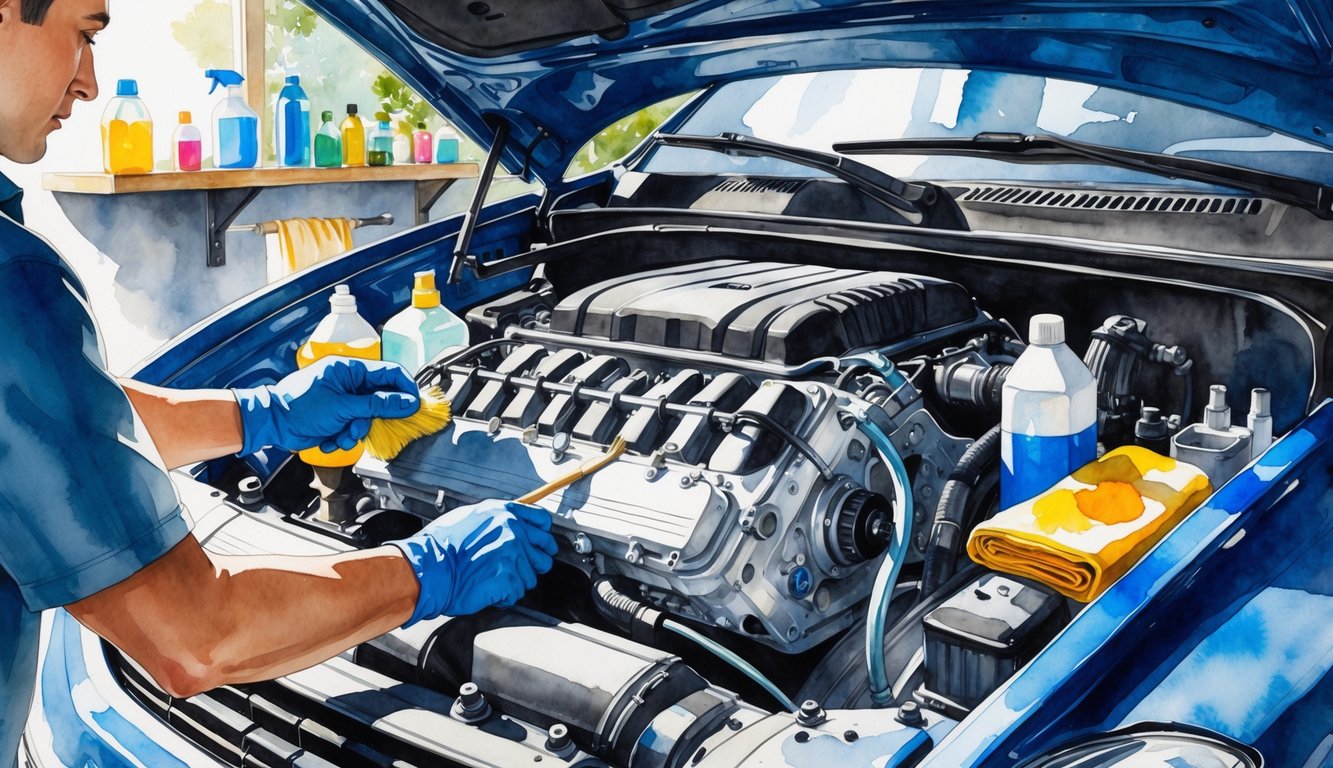 A mechanic cleaning and detailing a car engine bay with tools and supplies in a workshop setting.