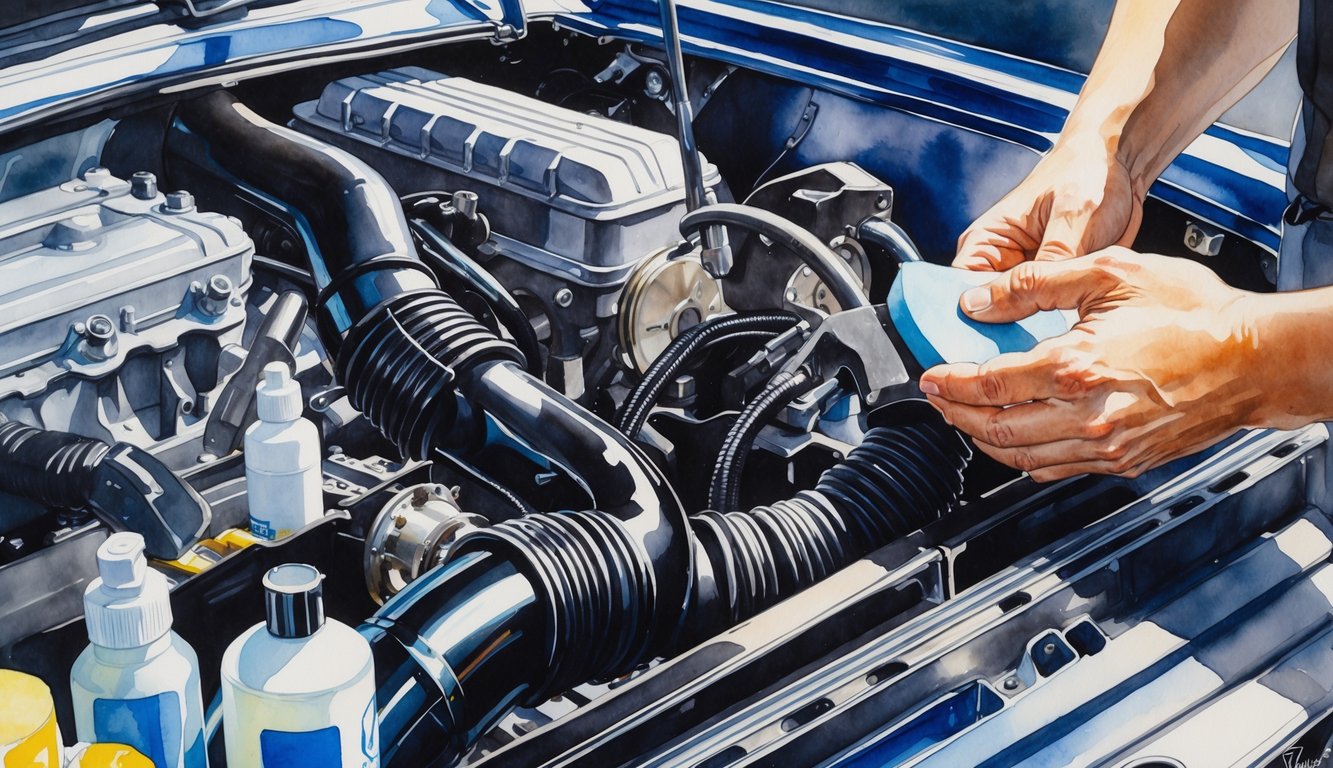 A mechanic's hands cleaning and conditioning plastic and rubber parts in a car's engine bay with detailing tools nearby.