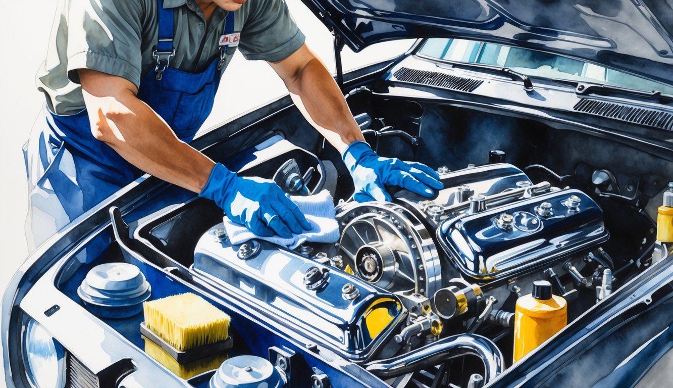 A mechanic cleaning and polishing metal parts inside an open car engine bay.