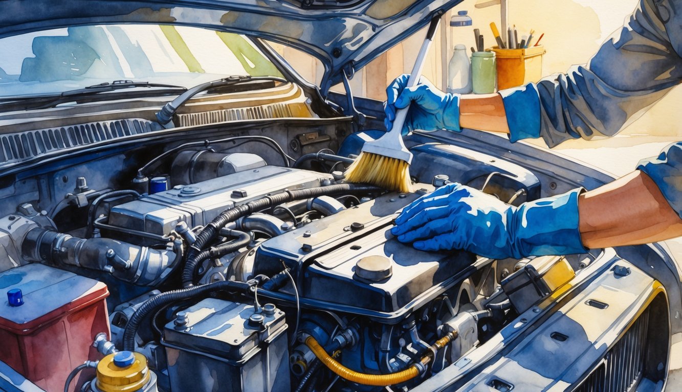 A mechanic cleaning and detailing the inside of a car's engine bay, focusing on small and often missed areas.