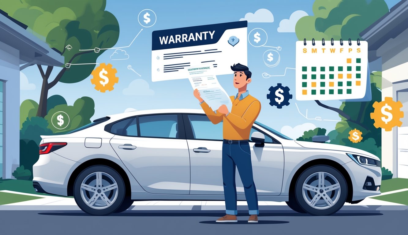 A worried car owner looking at a bill while standing next to their car in a driveway with a calendar in the background.