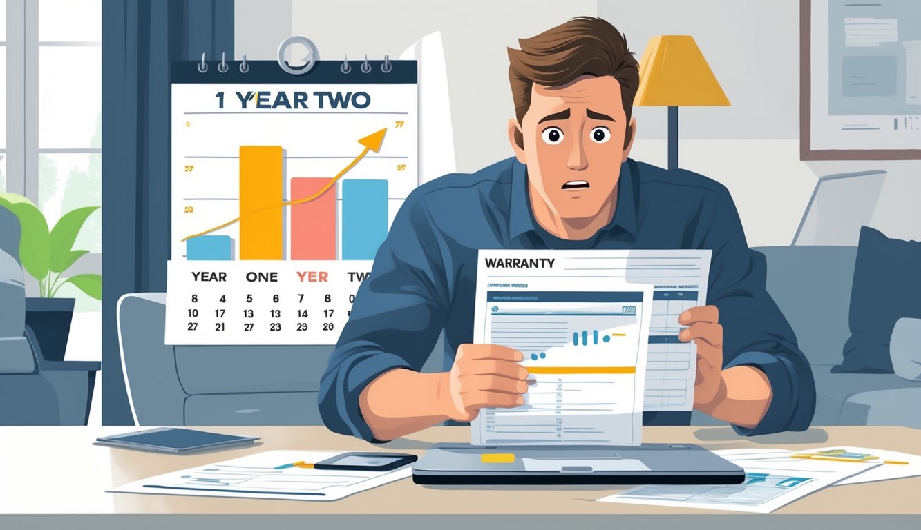 A person at a table looking surprised while reviewing car warranty documents with a calendar showing the switch from year one to year two in the background.