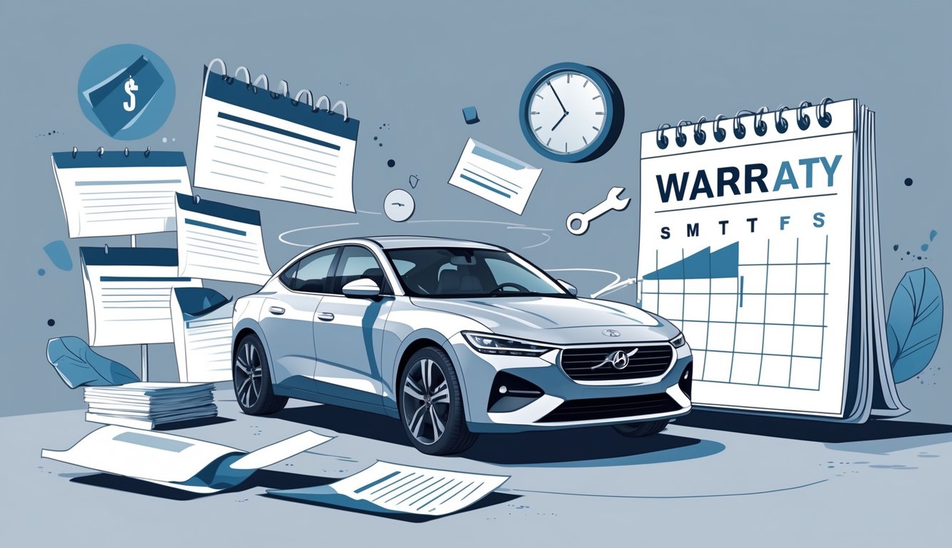 A car parked next to a calendar showing the passage from year one to year two, with a worried owner reviewing bills and repair symbols floating around the car.