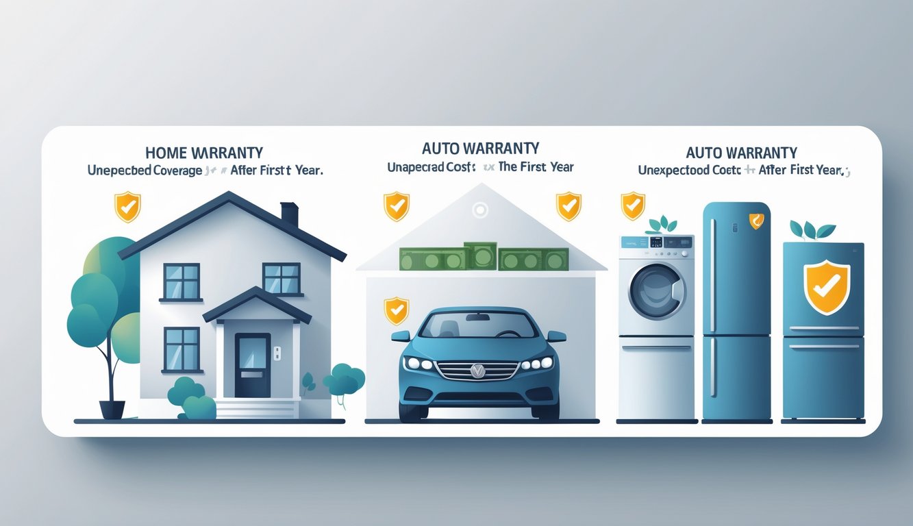 Illustration showing a house, a car, and household appliances side by side, each with a shield symbol representing warranties and subtle warning signs indicating unexpected costs after the first year.