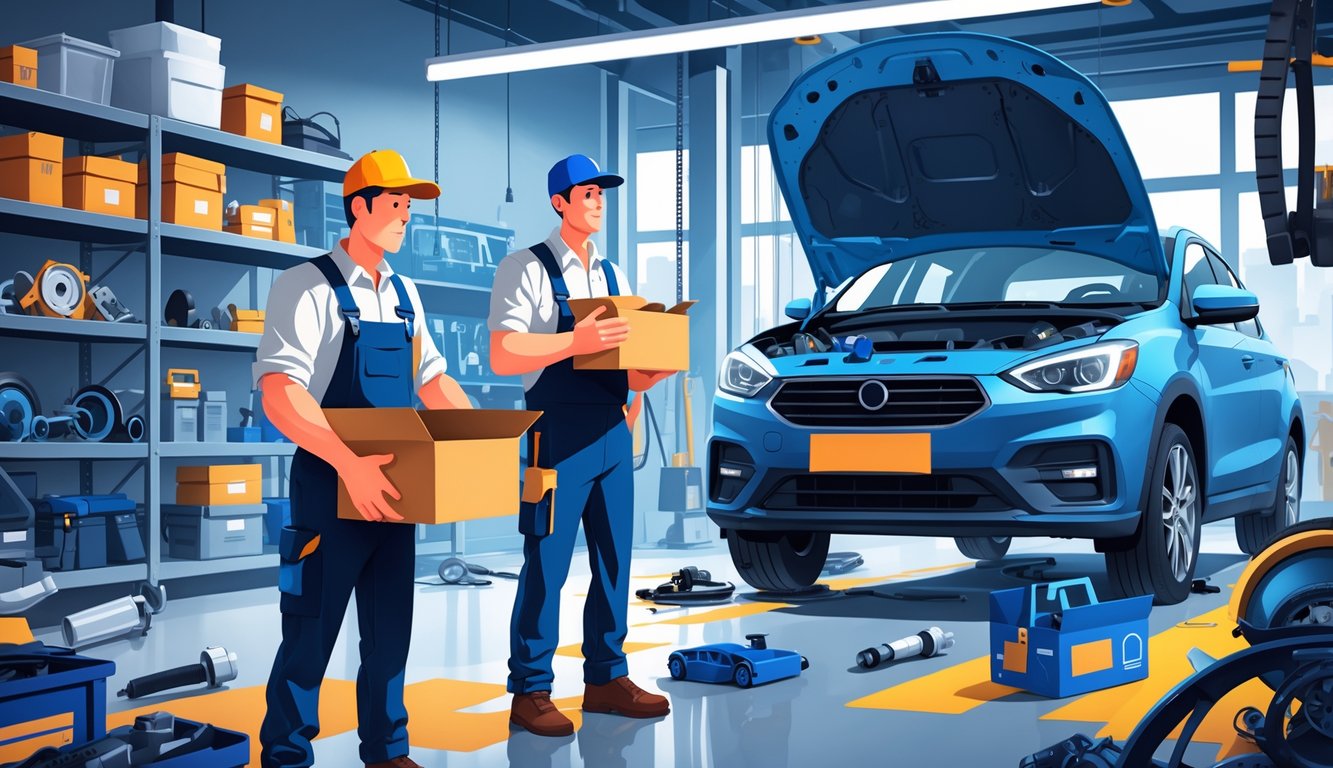 Mechanics in a busy repair shop looking concerned as car parts are missing or delayed, with an empty parts box and a car on a lift waiting for repairs.