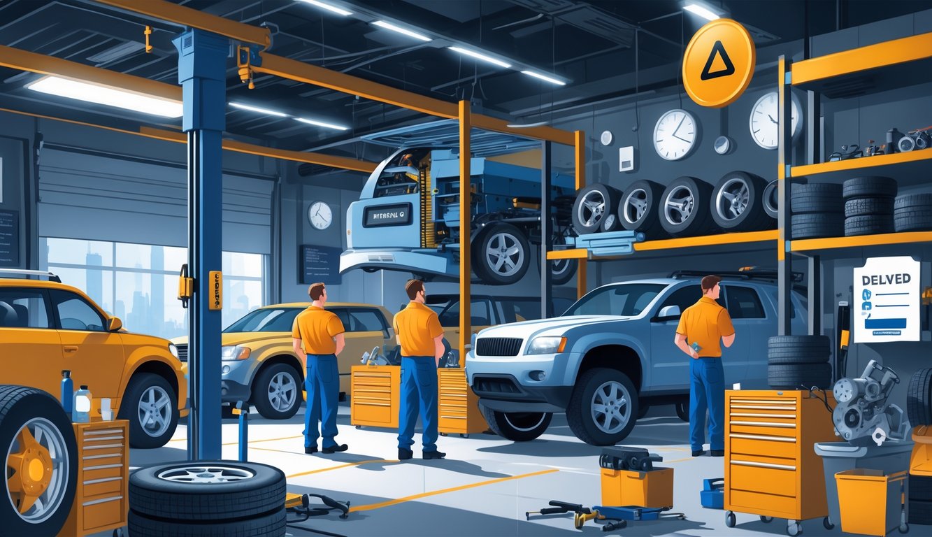 A busy auto repair shop with mechanics waiting near cars and empty shelves showing a shortage of parts, highlighting delays affecting their work.