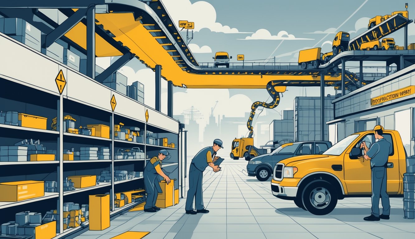 An auto repair shop with mechanics looking worried at empty parts shelves, while a broken supply chain with delayed trucks and halted factory production is shown in the background.