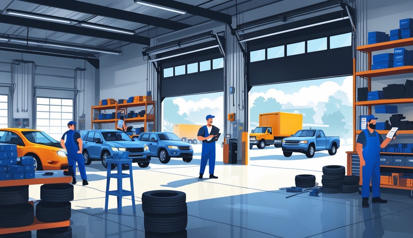 A busy automotive repair shop with mechanics working on cars, a concerned manager looking at a clipboard, empty shelves for parts, and delivery trucks waiting outside.