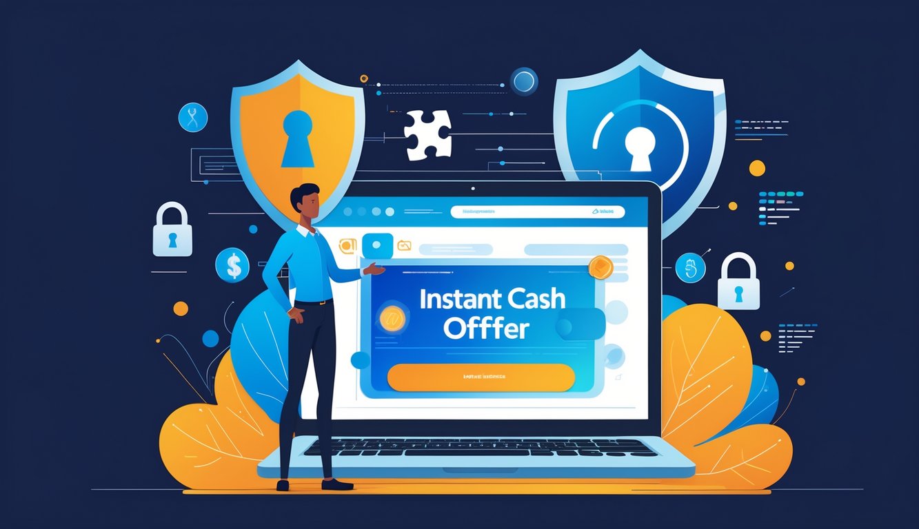 A seller standing next to a laptop showing an instant cash offer, with a transparent shield missing a piece and digital symbols indicating incomplete security.