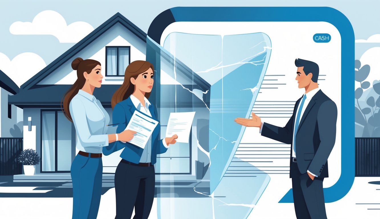 A home seller looking concerned while receiving cash from a businessperson in front of a house, with a broken protective shield between them symbolizing missing seller protection.