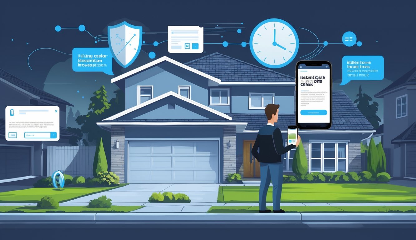 A worried homeowner standing in front of a house holding a smartphone with symbols around representing risks like missing protection, rushed decisions, hidden terms, and potential fraud.