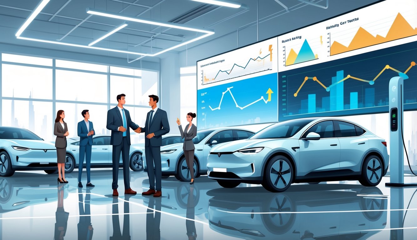 A car dealer talks with buyers in an electric car showroom with electric vehicles and a digital screen showing changing reliability trends.