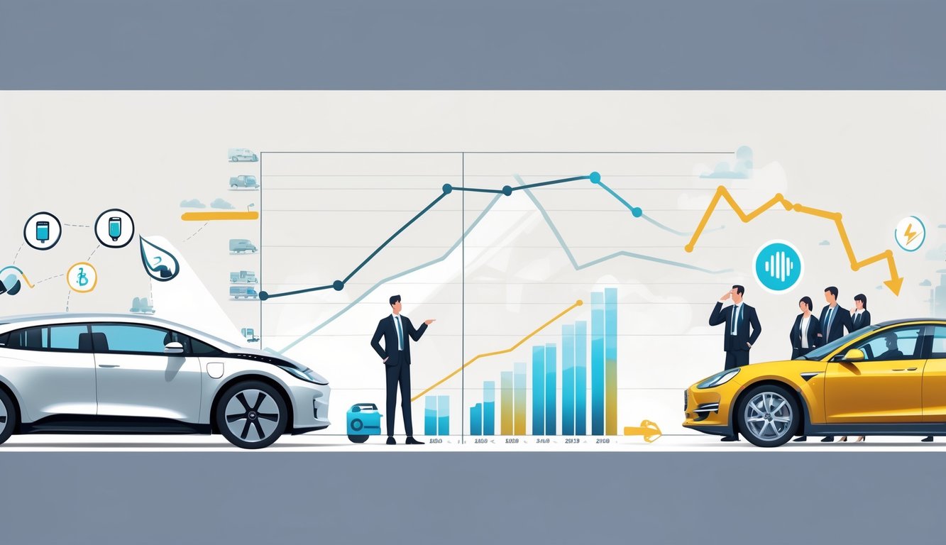 Side-by-side comparison of an electric car and a gasoline car with graphs showing changing reliability trends and dealers observing the data.