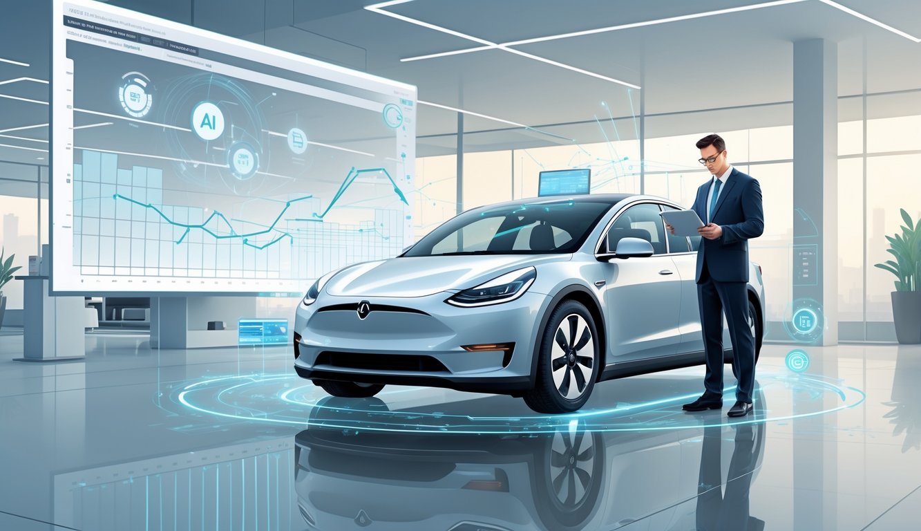 An electric car surrounded by digital technology overlays and a dealer examining data in a modern showroom with a background graph showing changing reliability trends.