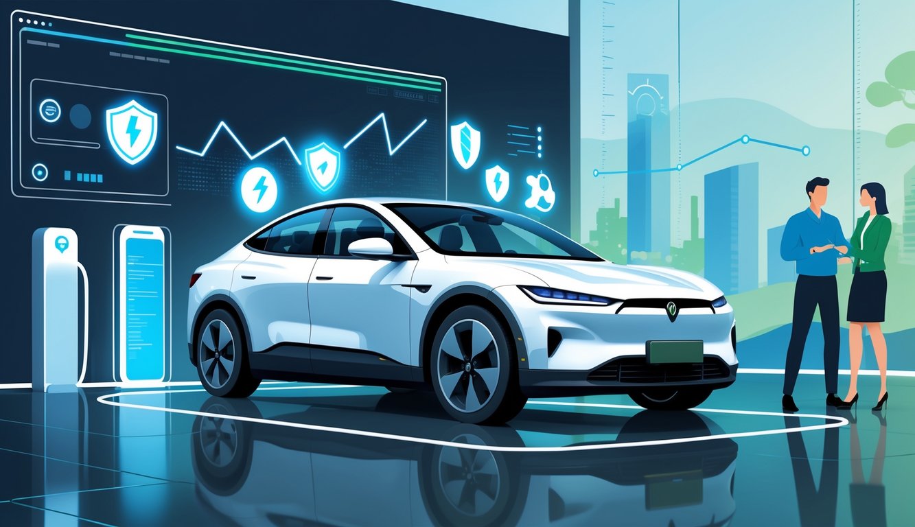 A modern electric car in a dealership with a dealer and customer discussing it, surrounded by icons representing warranty, service, and reliability trends.